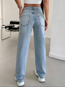 RueChic Low Waist Washed Straight Leg Jeans - Medium Wash - View 2