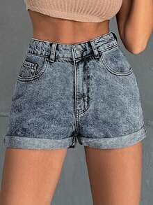 EURMUSE Mini Medium Wash Short Fold Up Detail With Back Label - Medium Wash - View 3