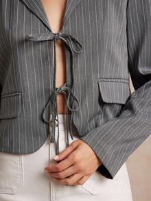 WESTFADE Chaqueta tipo blazer de corte relajado con cuello de solapa a rayas, lazo delantero y tejido de punto, ideal para volver al colegio en otoño - Gris - Ver 3