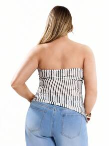 Solavibe Plus Size Women's Striped Print Crop Bandeau Top With Slit Hem, For Summer - View 6
