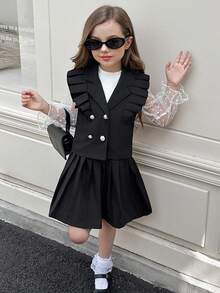 SHEIN 3pcs Young Girls Fashion White Mesh Long Sleeve Ribbed Undershirt,Sleeveless Pearl Button Jacket&Pleated Skirt Set,Comfortable Autumn/Winter Clothing - Black - View 5