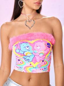 SHEIN X Care Bears 女款 Y2K 可爱小熊印花拼接蓬松修身短款抹胸，夏季 - 粉色 - 查看 6