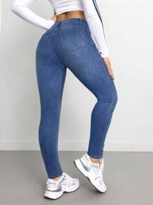 SHEIN Tall CURVE 大码女款蓝色牛仔弹力紧身裤 - 中等水洗藍 - 查看 2