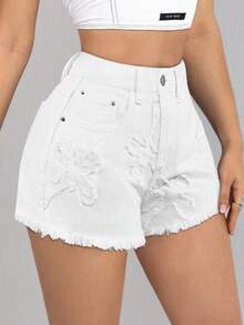 SHEIN ICON 女式休闲浅色磨边牛仔短裤 - 白色 - 查看 6