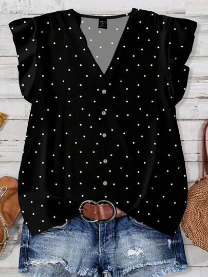 EMERY ROSE Plus Size Women's Daily Casual Vacation V-Neck Small Flying Sleeves Holiday Style Black And White Polka Dot Pattern Loose Shirt Women's Summer Clothes Women's Vacation Clothes Women ,Back To School Chic Blouses For Women,Spring