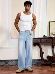 SWAVVY Quần jean denim dài dáng rộng cho nam, màu xanh xám - Màu xanh lam - Xem 6