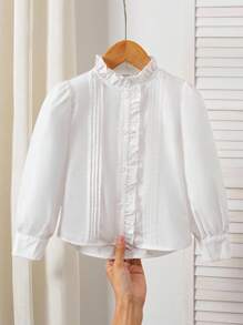 SHEIN 年轻女孩青少年女孩荷叶边领褶皱泡泡袖高低下摆法式衬衫，青少年女孩白色衬衫，可爱荷叶边生菜饰边，白色长袖衬衫纽扣衬衫长袖上衣长袖衬衫，秋冬季，非常适合休闲和日常穿着和学校日常，学院风格，返校 - 白色 - 查看 1