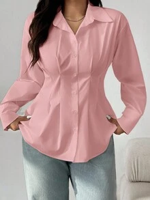 SHEIN EZwear 大码女式长袖褶皱单排扣休闲衬衫，粉色 - 粉色 - 查看 1
