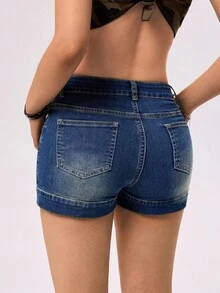 SHEIN EZwear Shorts vaqueros casuales de moda para mujer con parches asimétricos - Azul lavado oscuro - Ver 2