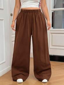 SHEIN EZwear Plus Size Women's Solid Color Drawstring Waist Wide Leg Casual Cotton Pants