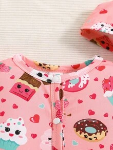 嬰兒女孩卡通圖案連腳睡衣和帽子