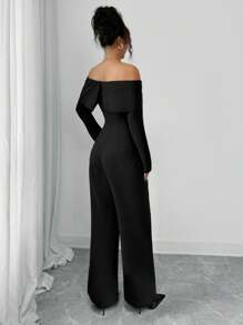Modelyn 1 pieza Mono de manga larga con volantes y hebilla metálica off-shoulder para mujer - Negro - Ver 3