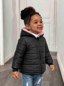 SHEIN Babygirl Cute Black Warm Fleece Hooded Padded Coat, Autumn/Winter Fall - Black - View 3