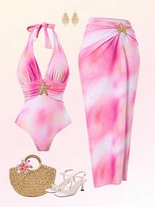 Swim Oasis 2件套女士优雅粉色扎染海星印花连体泳衣和沙滩裙套装，夏季 - 粉色 - 查看 1