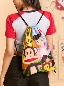 Paul Frank X SHEIN 1 حقيبة ظهر بسحاب كرتوني بطبعة قرد، قابلة للتعديل، حقيبة رياضية، حقيبة قماش، حقيبة كاجوال، حقيبة سفر، حقيبة شاطئ رياضية، مناسبة للجنسين