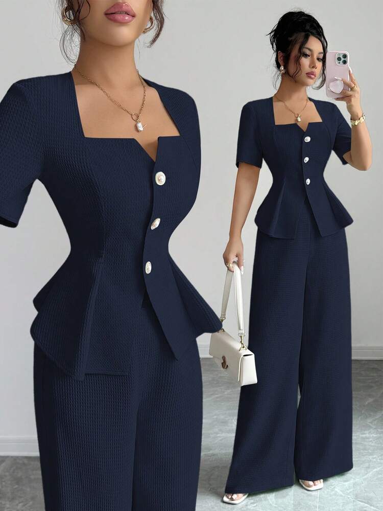 Elenzga New Stylish French Fashion Outfit For Women, Spring/Summer, Fitted Design Sense A-Line Square Collar Blouse + Wide Leg Straight Pants 2 Pieces Set - Navy Blue - View 1