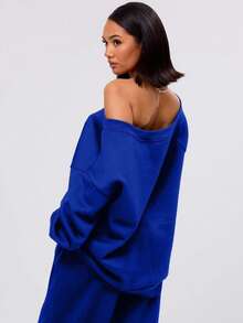 EURMUSE Loose Fit Asymmetrical Shoulder Sweatshirt Long Sleeve Tops - Royal Blue - View 3