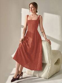 CLARA VERO Elegant Solid Color Hollow Embroidery Sleeveless Dress, Summer - Burnt Orange - View 4