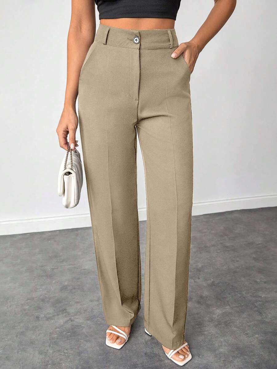 EURMUSE Women Solid Color Slant Pocket Wide Leg Pants - Beige - View 1