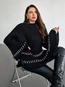 Firerie Plus Size Women's Casual Everyday Minimalist White Contrast Edge Side Slit Knit Pullover Sweater, Autumn/Winter Ribbed Sweaters Women Sweaters Plus Size Sweaters Sweaters With Bell Sleeves Embroidered Sweaters - Black - View 4