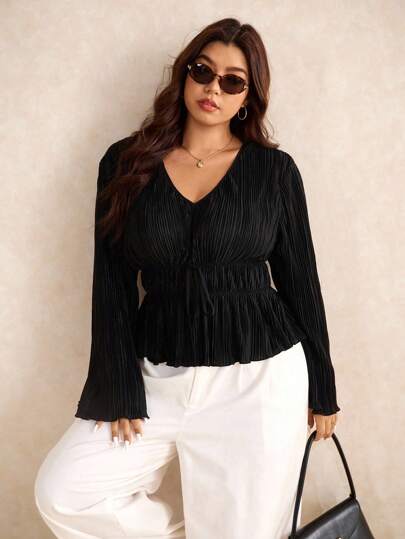 Elaquor 大码女式V领长袖纹理面料荷叶边下摆休闲时尚上衣