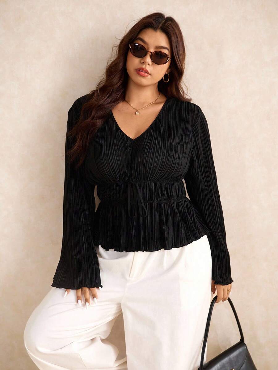 SHEIN Elaquor Áo thun nữ cổ chữ V tay dài vải họa tiết viền nhún bèo thời trang thường ngày cỡ lớn
