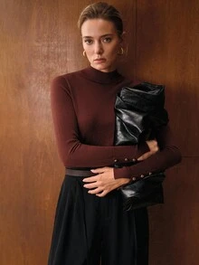 MOTF PREMIUM 秋冬款立领修身针织毛衣 - 咖啡棕 - 查看 4