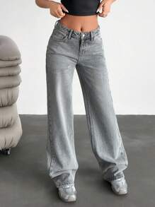 EURMUSE 低腰洗水阔腿牛仔裤 - 灰色 - 查看 6