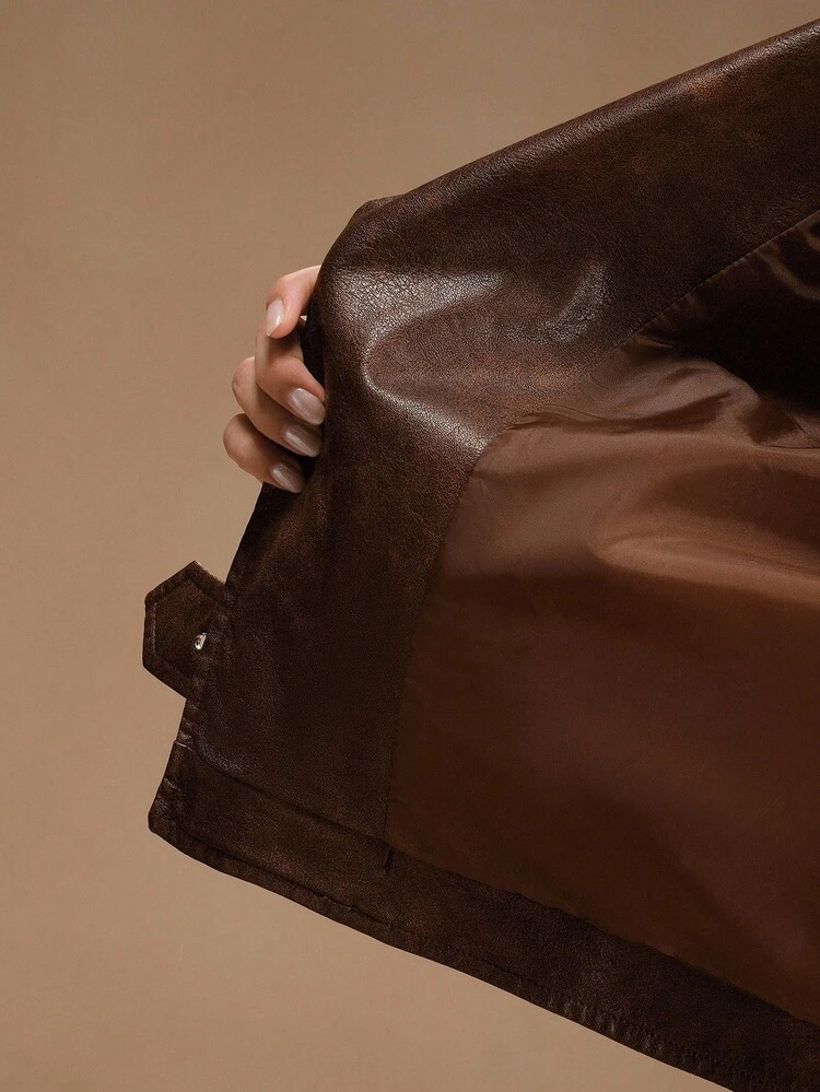 Merrald Women's Elegant Modern Vintage Distressed PU Leather Zip-Up Jacket With Belt Loops