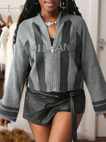 Slaydiva Cárdigan holgado y versátil con bloque de color y letras jacquard, estilo casual para mujer, otoño/invierno - Gris - Ver 3