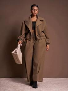 Veslaya 2025 Spring/Autumn New Arrival, Elegant & Commute & Party & Date, Solid Brown, Loose Fit Long Sleeve Plus Size Lapel Wool Blend Short Jacket For Plus Size Women - A Winter Fall