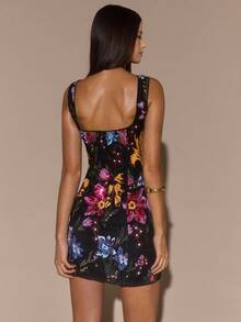 SHEIN BAE Rochie mini elegantă de toamnă/iarnă, cu imprimeu floral, broderie 3D, paiete, cu bretele și crăpături, potrivită pentru vacanță, plajă, festivaluri de muzică, ziua de naștere, brunch, ținută de invitată la nuntă, domnișoară de onoare