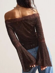 Bohemela Áo thun nữ hở vai tay loe phối ren màu trơn phong cách Boho cổ điển - Màu nâu  Mocha - Xem 8