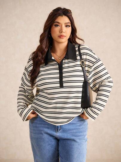 Elaquor 大码休闲简约百搭百搭条纹撞色 Polo 领 T 恤女士