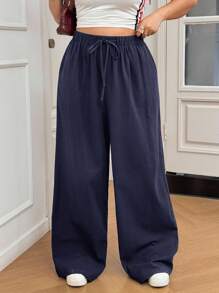 SHEIN EZwear 大码女式纯色抽绳腰阔腿休闲棉质裤 - 藏蓝色 - 查看 1