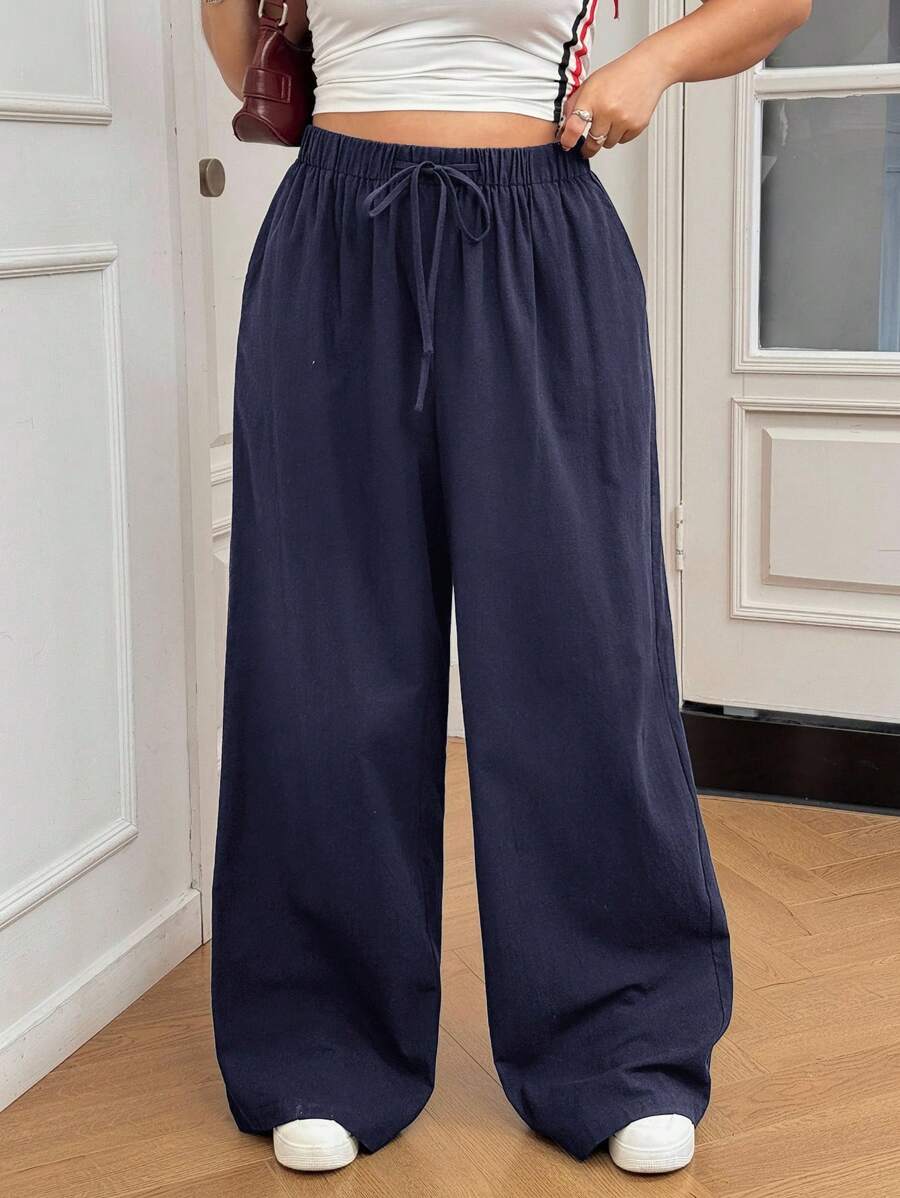 SHEIN EZwear 大码女式纯色抽绳腰阔腿休闲棉质裤 - 藏蓝色 - 查看 1