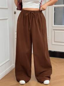SHEIN EZwear Plus Size Women's Solid Color Drawstring Waist Wide Leg Casual Cotton Pants