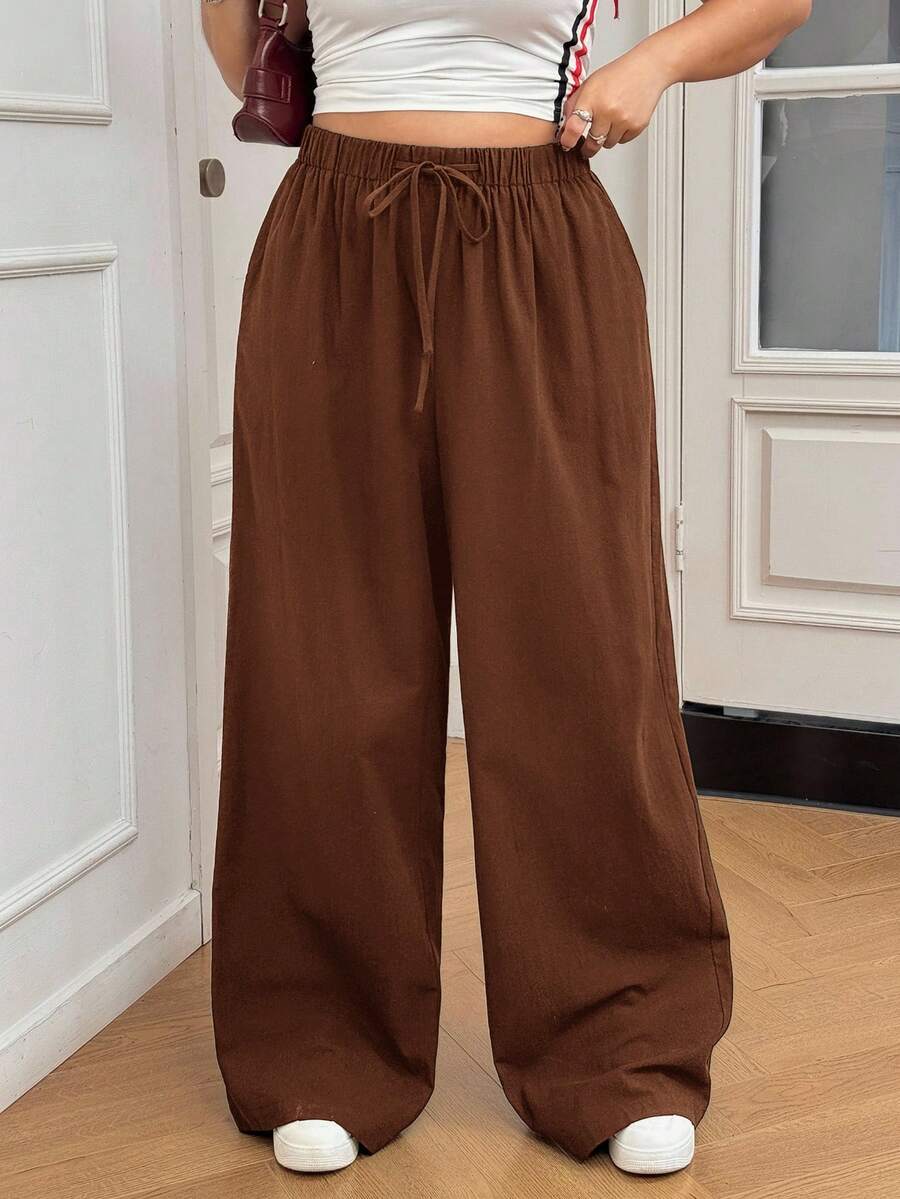 SHEIN EZwear Plus Size Women's Solid Color Drawstring Waist Wide Leg Casual Cotton Pants