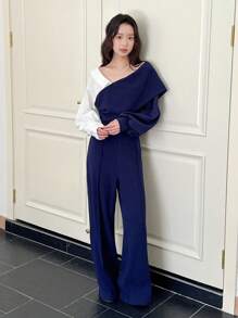 SHEIN 2件套休闲撞色拼接衬衫和阔腿裤套装，适合青少年女孩秋冬季穿着 - 藍色 - 查看 5