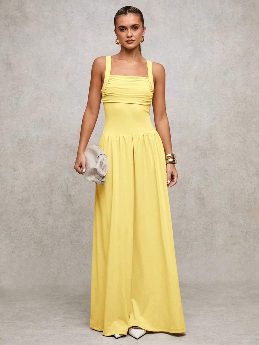 SHEIN BAE 女士优雅纯色棕色连衣裙，宽领喇叭裙，适合春夏季 - 黃色 - 查看 1