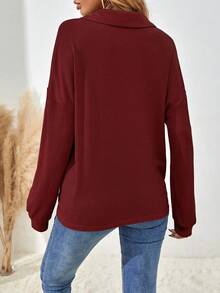 EMERY ROSE Camiseta casual holgada de mujer de unicolor, de manga larga, con caída en los hombros, botones y abertura media - Rojo - Ver 2