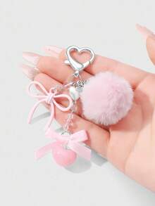 ROMWE Kawaii 1pc Elegant Sweet Minimalist Fashion Collegiate Style Faux Pearl Resin Heart Chain Ribbon Acrylic Bow Pom-Pom DIY Keychain Bag Charm, Suitable For Women, Daily Wear, Holiday Gift - Pink - View 2