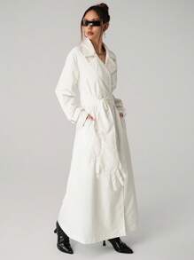 SHEIN ICON 长款前开掌装饰腰带女式风衣白色风衣秋冬女装 - 白色 - 查看 5