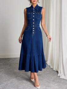 SHEIN Elenzya 女式合身褶皱鱼尾牛仔连衣裙 - 深色水洗藍 - 查看 4