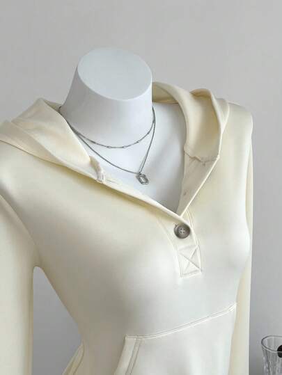 Elamini 女式休闲简约空气层纽扣连帽修身长袖运动衫，秋季