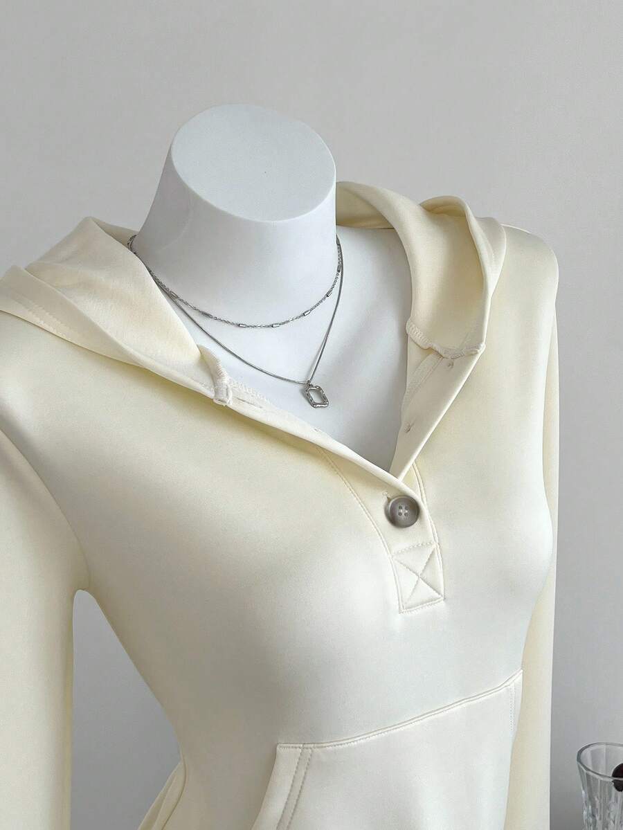 Elamini 女式休闲简约空气层纽扣连帽修身长袖运动衫，秋季 - 杏色 - 查看 1