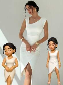 Firerie Vestidos midi para mujer, modestos, ropa de mujer para otoño, casual de negocios, estilo old money, atuendos de campo, blusas para salir, atuendo de viaje para el aeropuerto, de vuelta a la escuela, vestidos blancos, vestido asimétrico de unicolor con cuello plisado sin mangas y cintura esbelta de longitud media, vestido maxi blanco, atuendo de invitada de boda, cita de San Valentín, vacaciones, uso diario - Blanco - Ver 4