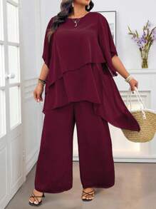 SHEIN CURVE+ 休闲大码勃艮第酒红色半袖长裤套装宽松大码两件套大码两件套大码女装两件套曲线裤套装 - 酒紅色 - 查看 3