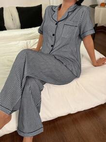 SHEIN Casual Black And White Striped Pajama Pant Set For Women With Regular Fit Women Pajama Set Button Down Pajamas Women Striped Pajamas Women Button Up Pajamas Women Women Pajama Set Button Down Nightgown Pajama Set - Black - View 4