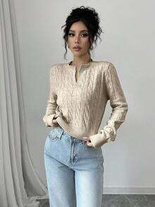 EURMUSE Áo len ngắn cổ chữ V họa tiết cáp xoắn dành cho nữ - Màu be - Xem 4